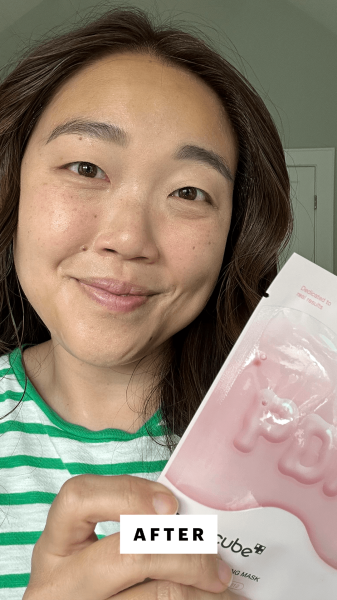 Lee after applying the Medicube PDRN Pink Vita Coating Sheet Mask