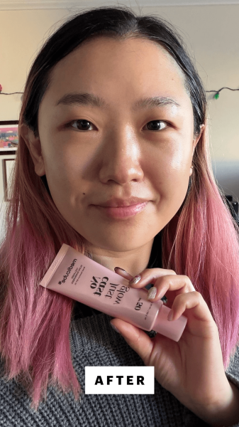 Han after applying the Medicube No Cast Just Glow Collagen Sunscreen