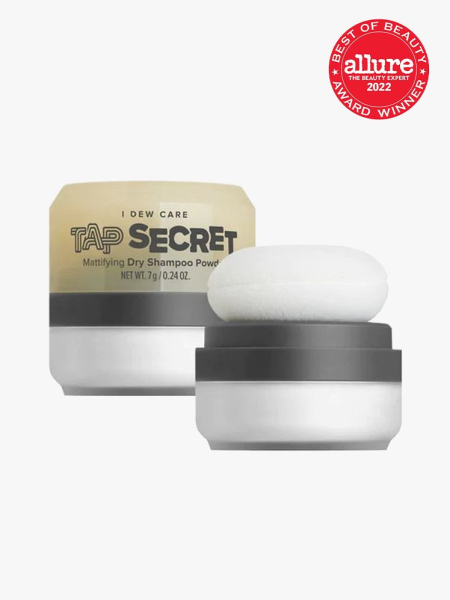 I Dew Care Tap Secret Mattifying Dry Shampoo Powder in branded tub component with best of beauty 2022 seal in the top right corner on a light gray background